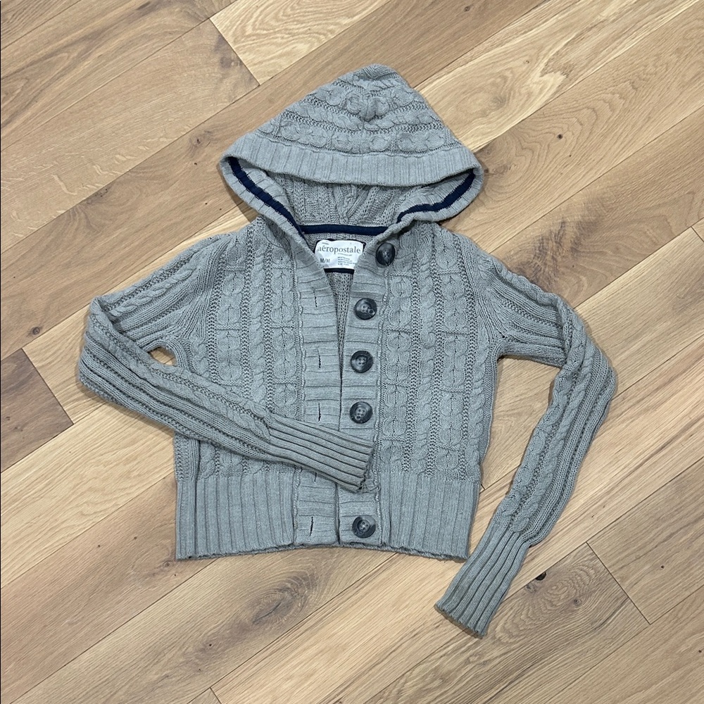 Vintage Aeropostale Gray Cable Knit Cardigan with Hood